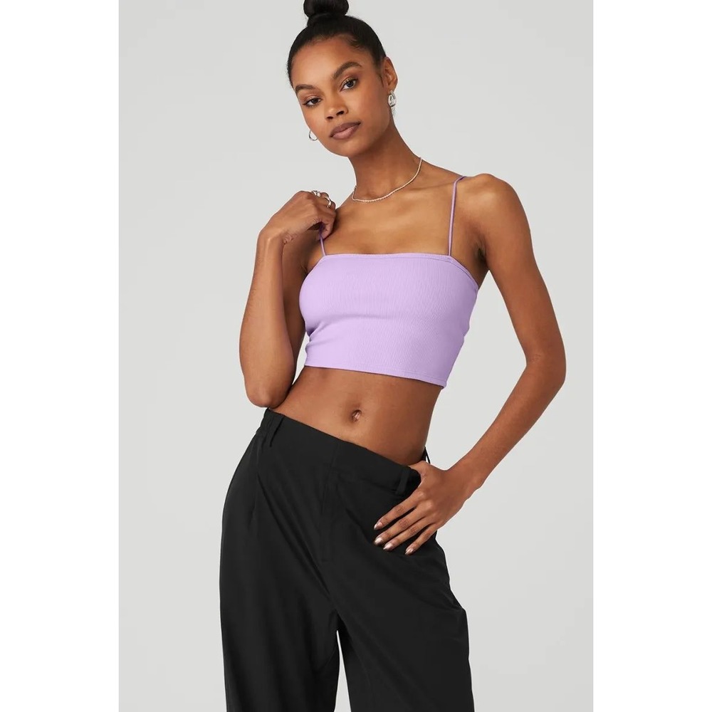 Alo Yoga Ribbed Crop Top Lavender Purple Square Neck Spaghetti Strap Camisole M